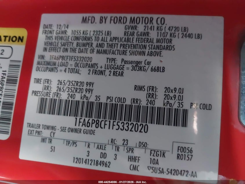 2015 Ford Mustang VIN 1FA6P8CF1F5332020 IAAI salvage auction — RIGHT FRONT, Salvage Title, sold $7,000 on 2026-08-01 (photo 9)