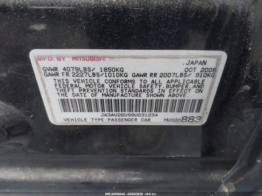 2009 Mitsubishi Lancer VIN JA3AU26U99U031234 IAAI salvage auction — FRONT END, Parts Only (Georgia), sold $300 on 2026-07-09 (photo 9)