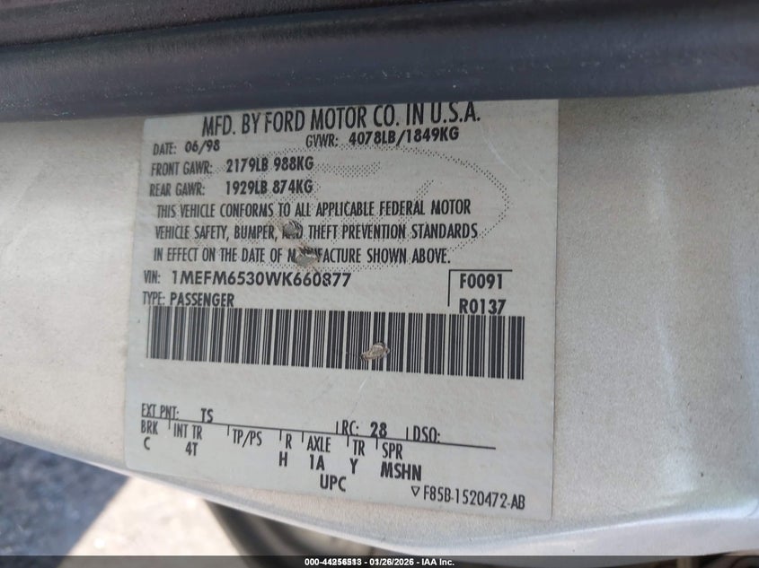 1998 Mercury Mystique VIN 1MEFM6530WK660877 IAAI salvage auction — INTERIOR BURN, Salvage (North Carolina), sold $250 on 2026-07-23 (photo 9)