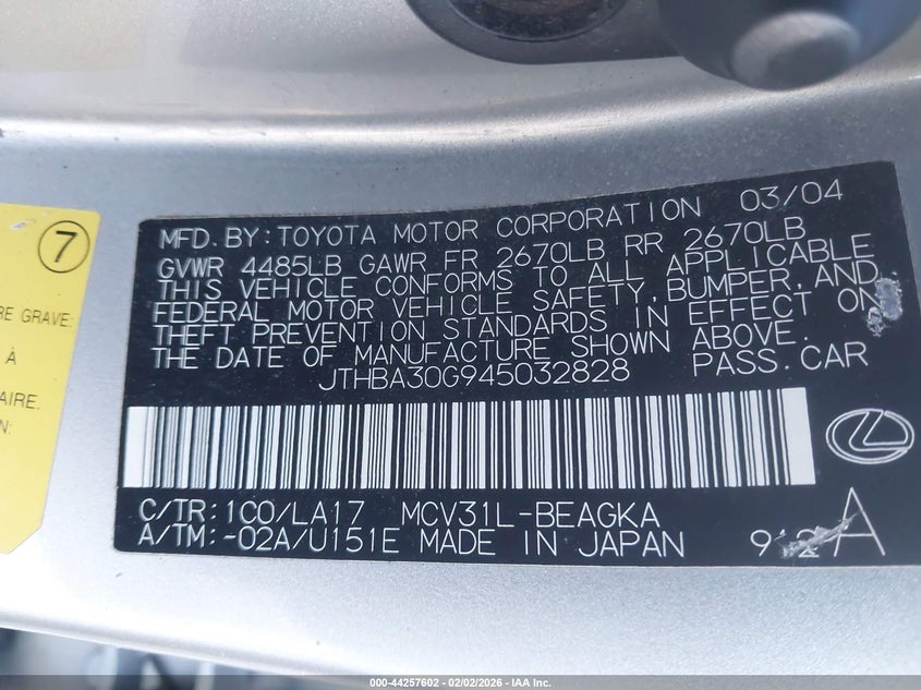 2004 Lexus ES VIN JTHBA30G945032828 IAAI salvage auction — FRONT END, Clear (Montana), sold $1,100 on 2026-07-10 (photo 9)