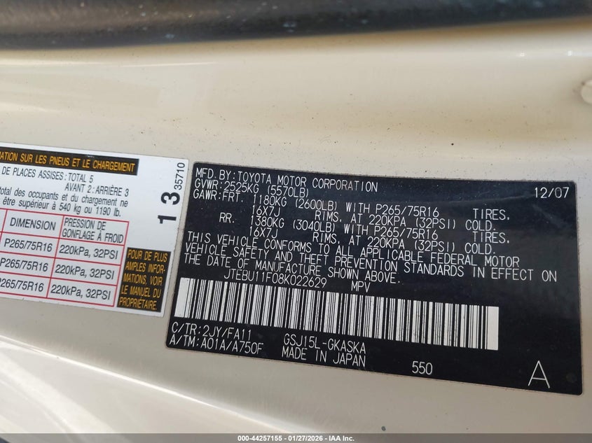 2008 Toyota Fj cruiser VIN JTEBU11F08K022629 IAAI salvage auction — FRONT END, Non-Repairable (Arizona), sold $3,850 on 2026-08-02 (photo 9)