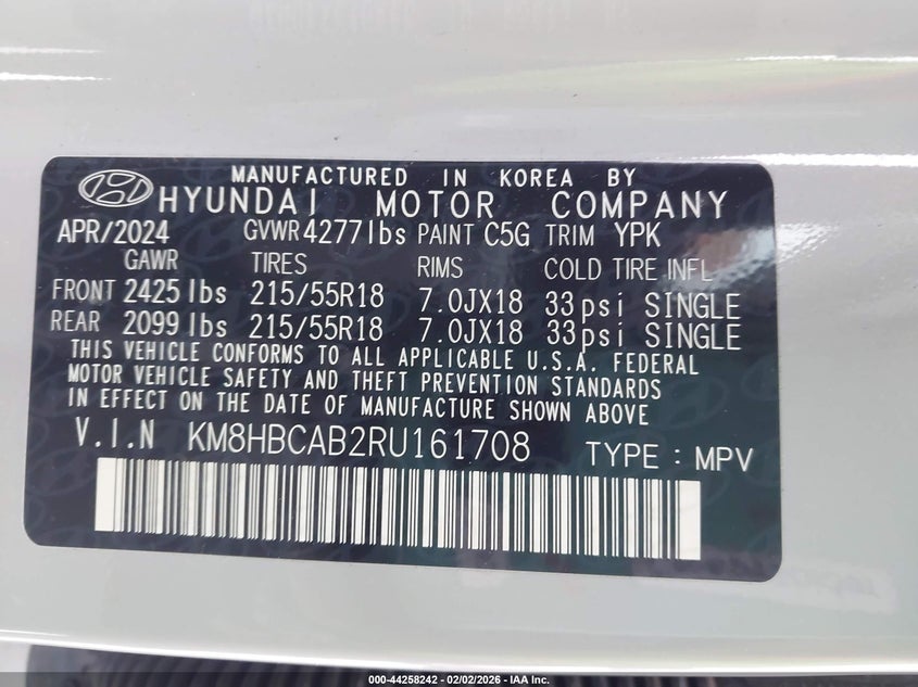 2024 Hyundai Kona VIN KM8HBCAB2RU161708 IAAI salvage auction — FRONT END, Salvage Title, sold $4,700 on 2026-07-14 (photo 9)