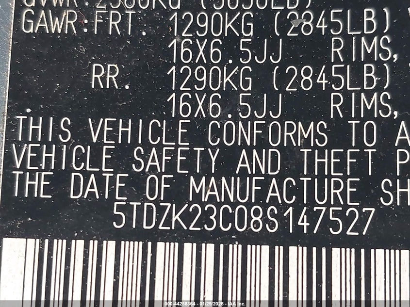 2008 Toyota Sienna VIN 5TDZK23C08S147527 IAAI salvage auction — LEFT FRONT, Clear (Virginia), sold $875 on 2026-07-06 (photo 8)