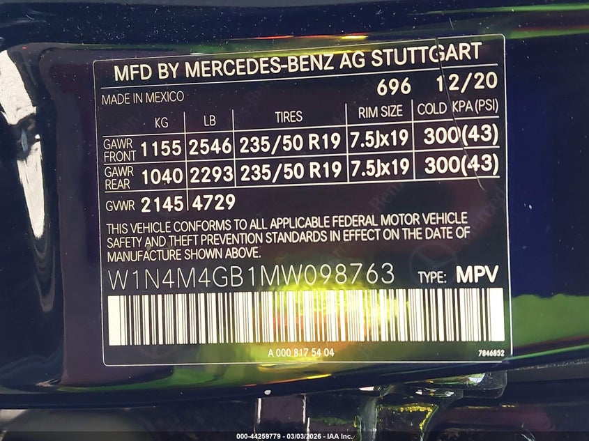 2021 Mercedes-benz Glb VIN W1N4M4GB1MW098763 IAAI salvage auction — LEFT SIDE, Salvage (California), sold $8,200 on 2026-07-29 (photo 9)