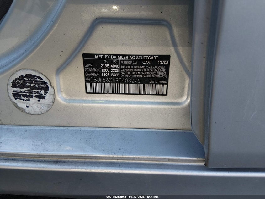 2009 Mercedes-benz E-klasse VIN WDBUF56X49B408275 IAAI salvage auction — NORMAL WEAR, Clear (Montana), sold $100 on 2026-07-17 (photo 9)
