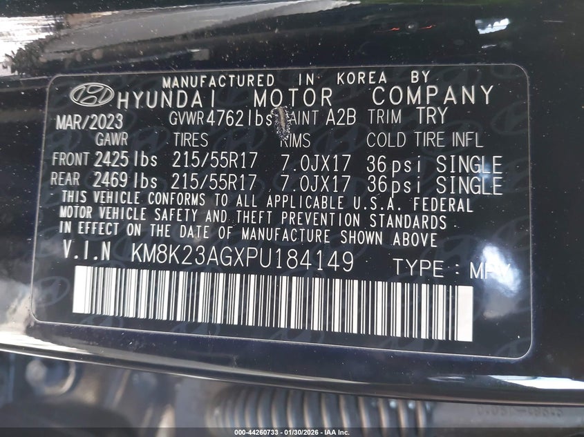 2023 Hyundai Kona VIN KM8K23AGXPU184149 IAAI salvage auction — FRONT END, Salvage - Greater Than 75% (Maryland), sold $4,750 on 2026-08-01 (photo 9)