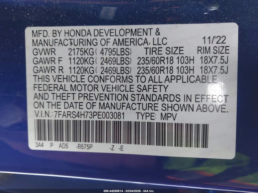 2023 Honda Cr-v VIN 7FARS4H73PE003081 IAAI salvage auction — FRONT END, Salvage (West Virginia), sold $10,550 on 2026-07-29 (photo 9)