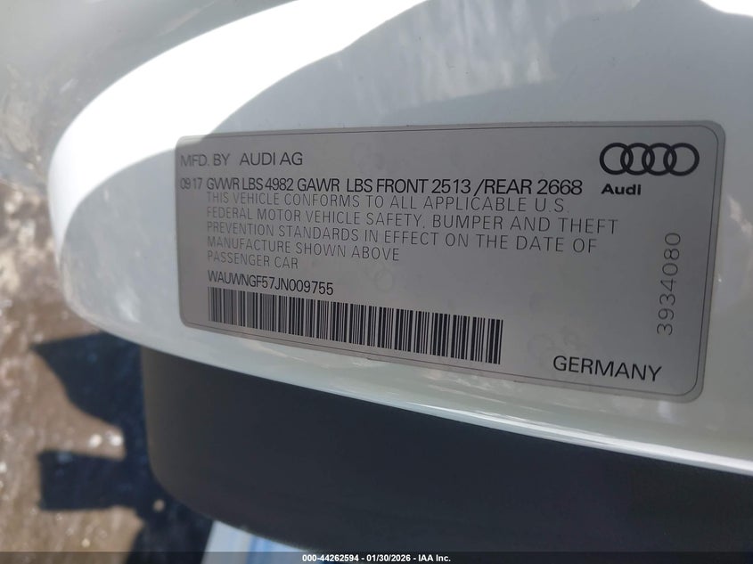 2018 Audi A5 VIN WAUWNGF57JN009755 IAAI salvage auction — LEFT REAR, Salvage Title, sold $8,075 on 2026-07-28 (photo 9)