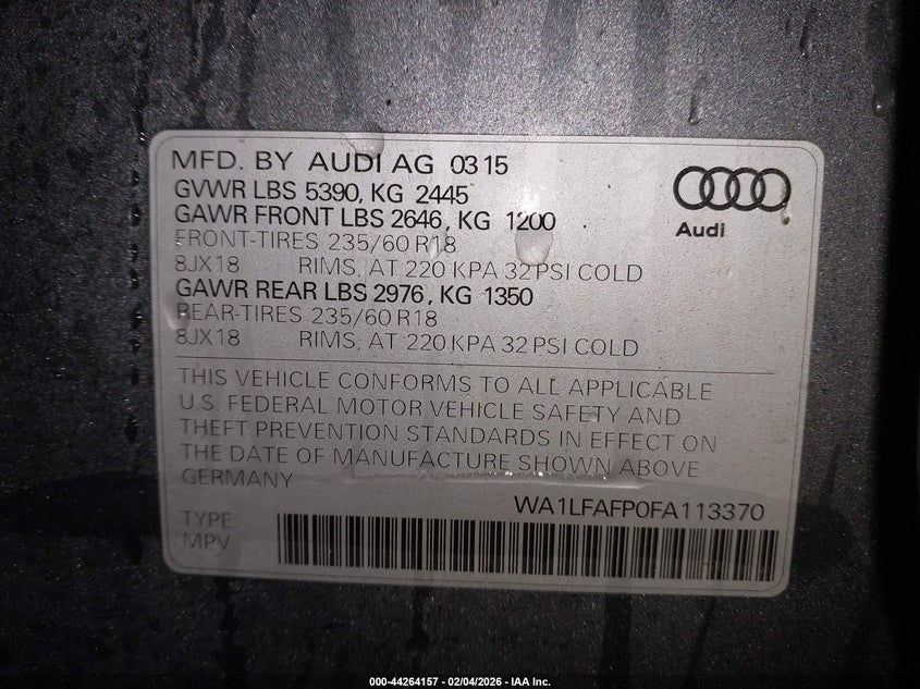 2015 Audi Q5 VIN WA1LFAFP0FA113370 IAAI salvage auction — FRONT END, Salvage (Maine), sold $1,550 on 2026-07-13 (photo 9)