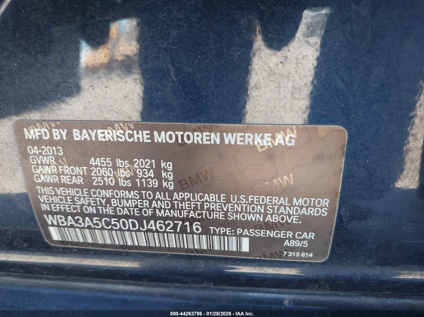 2013 BMW 3er VIN WBA3A5C50DJ462716 IAAI salvage auction — FRONT END, Rebuildable (Florida), sold $1,300 on 2026-07-14 (photo 9)