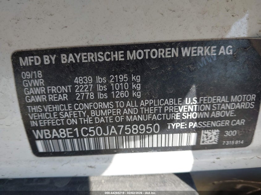 2018 BMW 3er VIN WBA8E1C50JA758950 IAAI salvage auction — LEFT FRONT, Original (Texas), sold $4,950 on 2026-08-19 (photo 9)