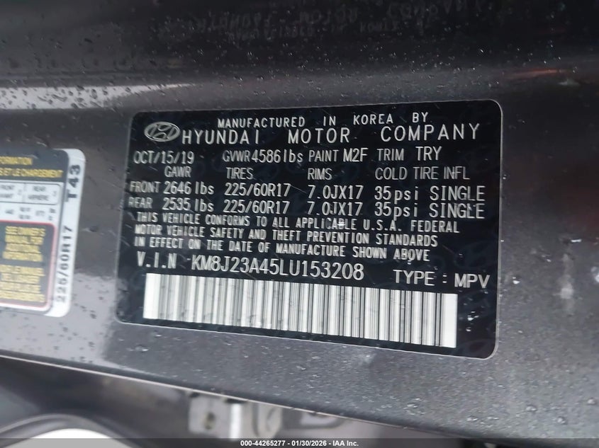 2020 Hyundai Tucson VIN KM8J23A45LU153208 IAAI salvage auction — THEFT, Salvage (Oregon), sold $3,850 on 2026-07-29 (photo 9)