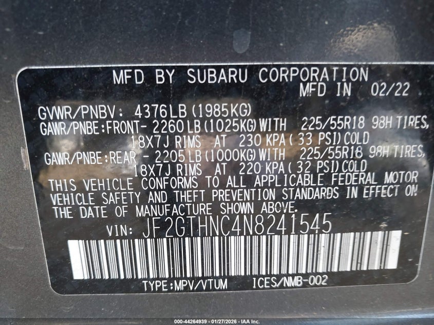 2022 Subaru Xv VIN JF2GTHNC4N8241545 IAAI salvage auction — RIGHT FRONT, Salvage (North Carolina), sold $2,825 on 2026-07-29 (photo 9)