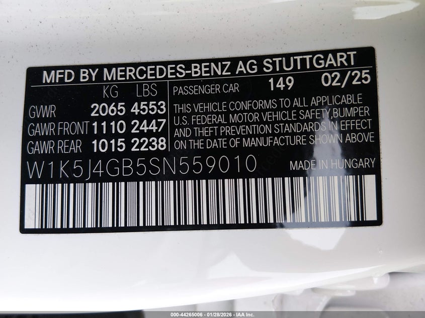 2025 Mercedes-benz VIN W1K5J4GB5SN559010 IAAI salvage auction — FRONT END, Salvage Title, sold $14,300 on 2026-07-12 (photo 9)