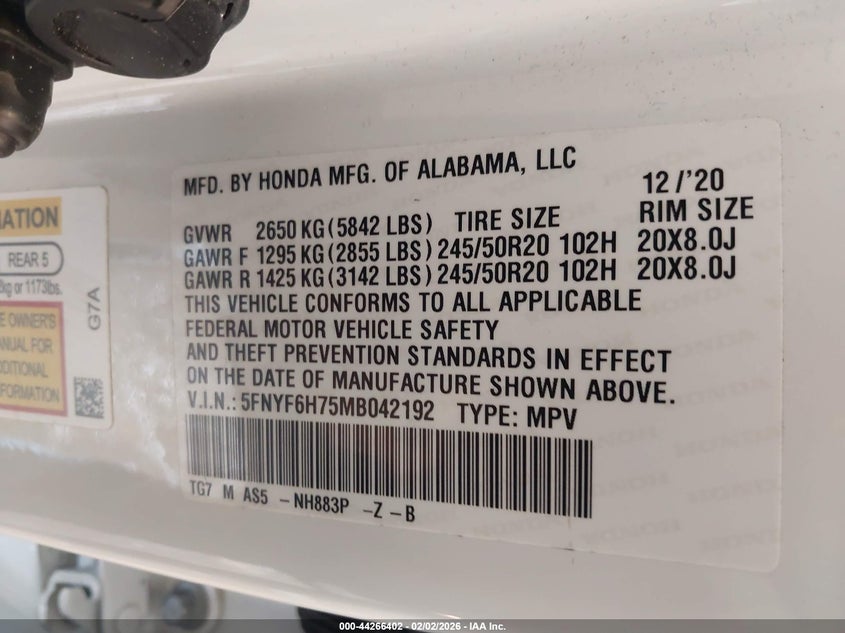 2021 Honda Pilot VIN 5FNYF6H75MB042192 IAAI salvage auction — LEFT FRONT, Salvage Title, sold $5,650 on 2026-07-21 (photo 9)