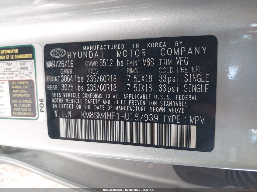 2017 Hyundai Santa fe VIN KM8SM4HF1HU187939 IAAI salvage auction — RIGHT FRONT, Salvage Title, sold $3,700 on 2026-07-17 (photo 9)