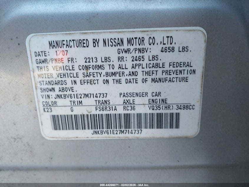 2007 Infiniti G35 VIN JNKBV61E27M714737 IAAI salvage auction — FRONT END, Salvage (Georgia), sold $525 on 2026-07-11 (photo 9)
