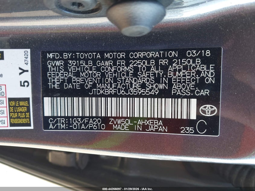 2018 Toyota Prius VIN JTDKBRFU6J3595549 IAAI salvage auction — SIDE, Salvage Title, sold $3,100 on 2026-07-11 (photo 9)