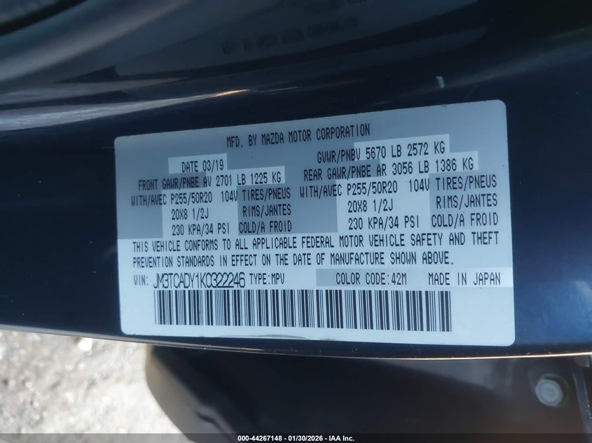 2019 Mazda Cx-9 VIN JM3TCADY1K0322246 IAAI salvage auction — FRONT END, Original (Texas), sold $4,650 on 2026-07-16 (photo 9)
