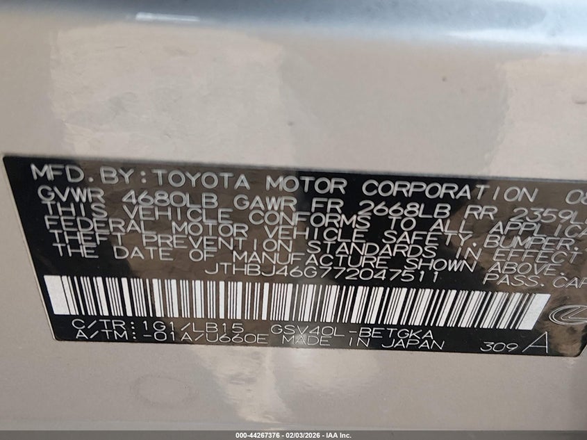 2007 Lexus Es 350 VIN JTHBJ46G772047511 IAAI salvage auction — NORMAL WEAR, Clear (Maryland), sold $3,875 on 2026-07-08 (photo 9)