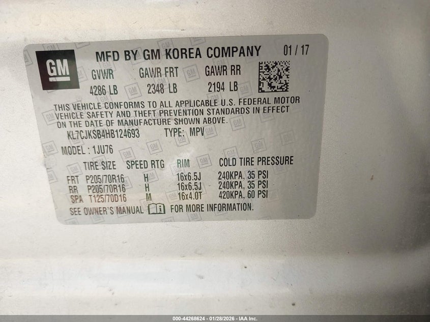 2017 Chevrolet Trax VIN KL7CJKSB4HB124693 IAAI salvage auction — REAR END, Salvage Title, sold $1,550 on 2026-07-14 (photo 9)