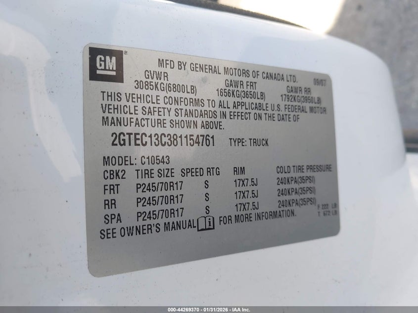 2008 Gmc SIERRA VIN 2GTEC13C381154761 IAAI salvage auction — REPOSSESSION, Clear - Dealer Only (California), sold $2,350 on 2026-07-09 (photo 9)