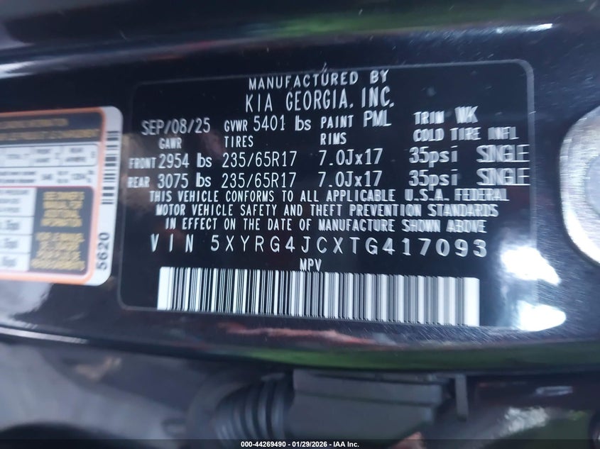 2026 Kia Sorento VIN 5XYRG4JCXTG417093 IAAI salvage auction — RIGHT REAR, Salvage Title, sold $9,700 on 2026-07-30 (photo 9)