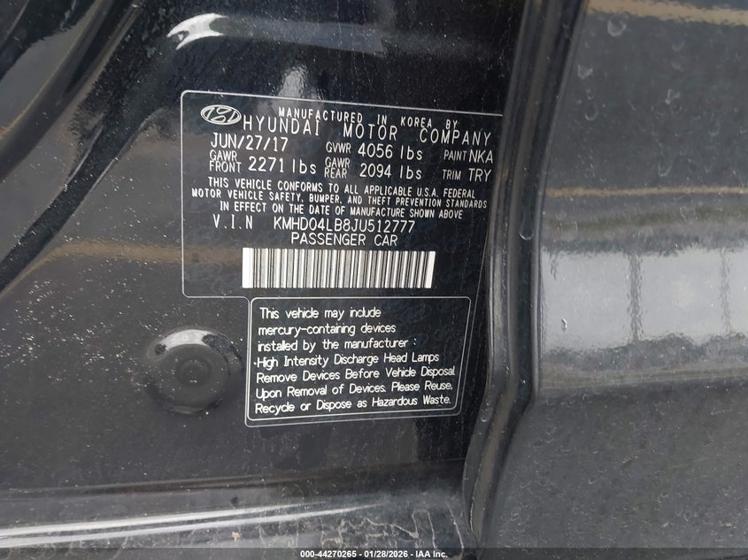 2018 Hyundai Elantra VIN KMHD04LB8JU512777 IAAI salvage auction — REAR END, Salvage Title, sold $2,200 on 2026-07-16 (photo 9)