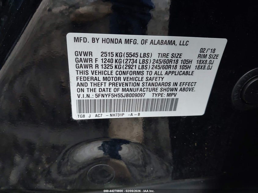 2018 Honda Pilot VIN 5FNYF5H55JB009097 IAAI salvage auction — FRONT END, Salvage Title, sold $3,300 on 2026-07-20 (photo 9)
