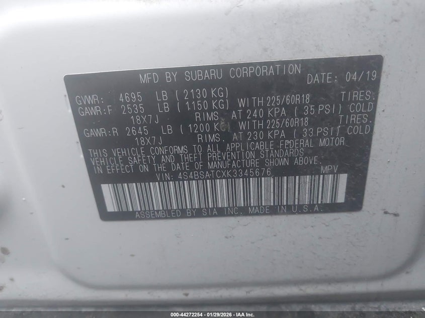 2019 Subaru Outback VIN 4S4BSATCXK3345676 IAAI salvage auction — REAR END, Salvage Title, sold $10,000 on 2026-08-21 (photo 9)
