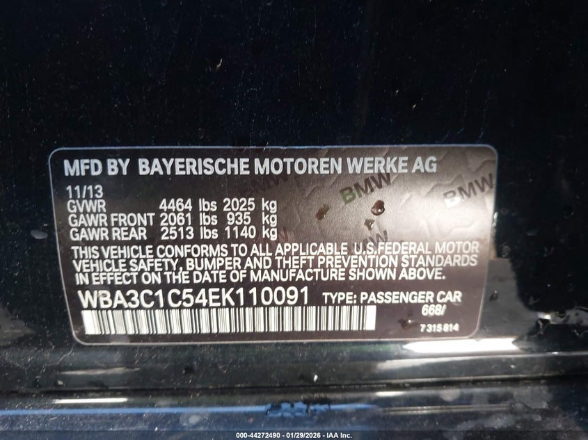 2014 BMW 3er VIN WBA3C1C54EK110091 IAAI salvage auction — LEFT FRONT, Salvage (California), sold $1,750 on 2026-08-17 (photo 9)
