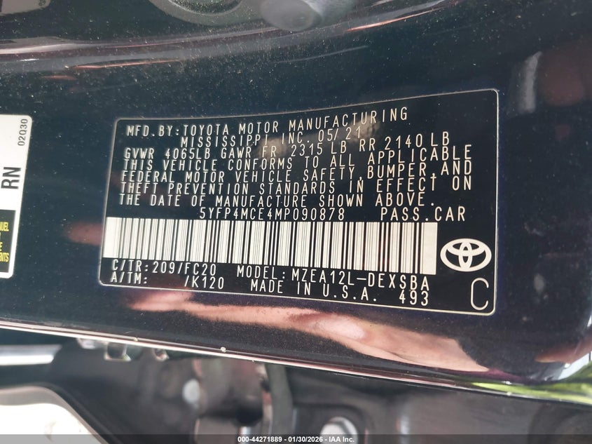 2021 Toyota Corolla VIN 5YFP4MCE4MP090878 IAAI salvage auction — RIGHT SIDE, Salvage (Georgia), sold $3,950 on 2026-07-10 (photo 9)