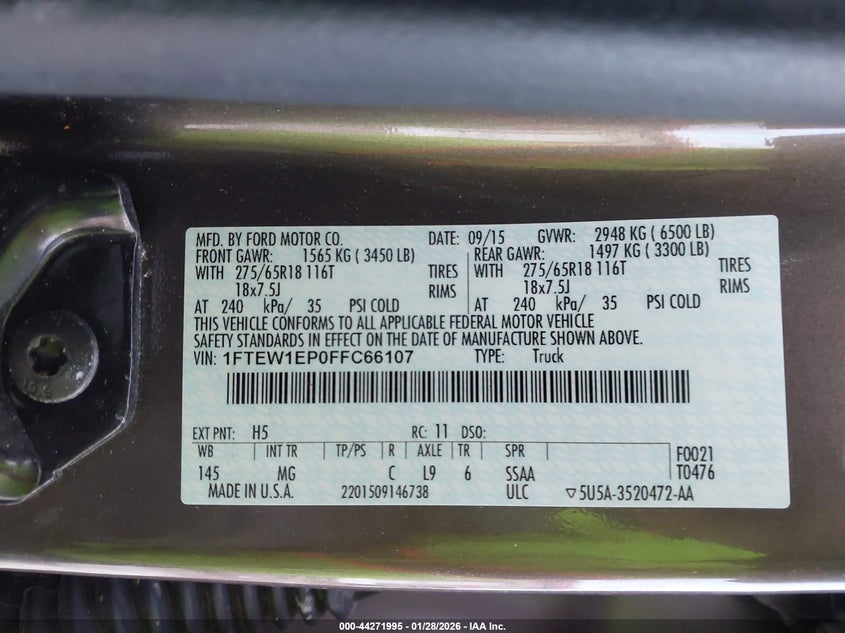 2015 Ford F-150 VIN 1FTEW1EP0FFC66107 IAAI salvage auction — FRONT END, Salvage (Maine), sold $3,650 on 2026-07-20 (photo 9)