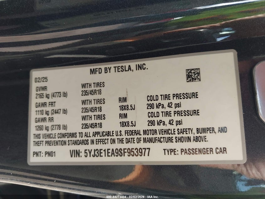 2025 Tesla Model 3 VIN 5YJ3E1EA9SF953977 IAAI salvage auction — FRONT END, Original (Texas), sold $12,550 on 2026-07-16 (photo 9)