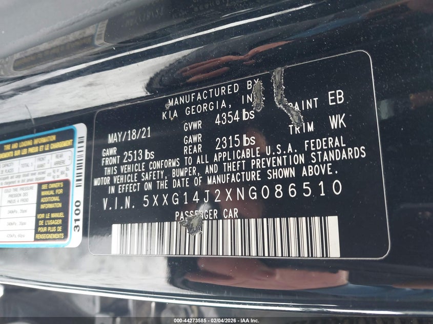 2022 Kia K5 VIN 5XXG14J2XNG086510 IAAI salvage auction — FRONT END, Salvage (Texas), sold $2,425 on 2026-07-30 (photo 9)