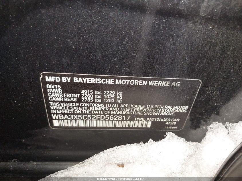 2015 BMW 3er VIN WBA3X5C52FD562817 IAAI salvage auction — FRONT END, Salvage (New Jersey), sold $575 on 2026-07-20 (photo 9)