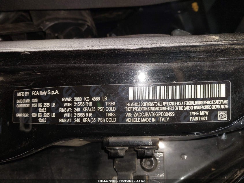 2016 Jeep Renegade VIN ZACCJBAT6GPD30499 IAAI salvage auction — ELECTRICAL, Salvage (Pennsylvania), sold $1,300 on 2026-08-20 (photo 9)