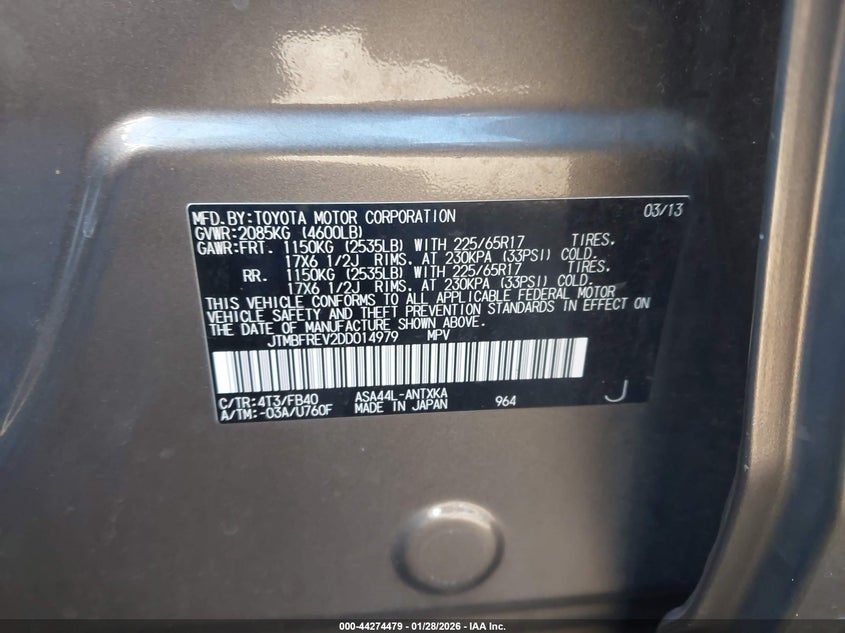 2013 Toyota Rav 4 VIN JTMBFREV2DD014979 IAAI salvage auction — FRONT END, Salvage (Hawaii), sold $1,000 on 2026-07-14 (photo 9)