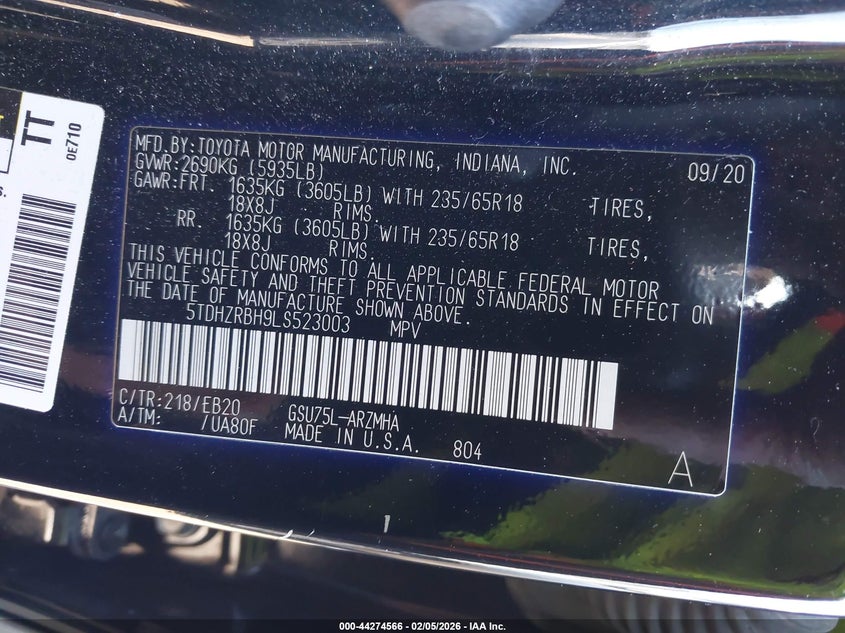 2020 Toyota Highlander VIN 5TDHZRBH9LS523003 IAAI salvage auction — FRONT END, Salvage Title, sold $4,050 on 2026-07-22 (photo 9)