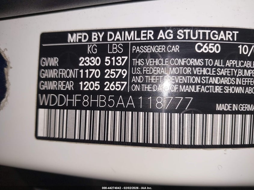 2010 Mercedes-benz E-klasse VIN WDDHF8HB5AA118777 IAAI salvage auction — FRONT END, Mv-907A (New York), sold $500 on 2026-08-04 (photo 9)