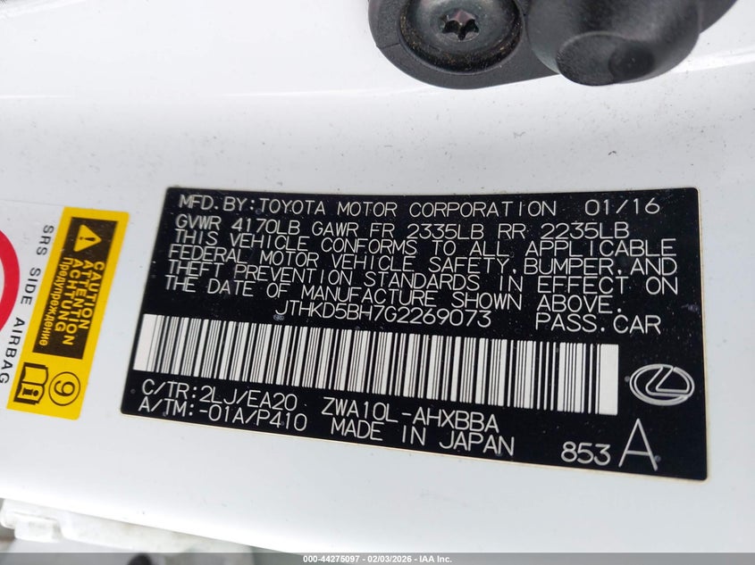 2016 Lexus Ct VIN JTHKD5BH7G2269073 IAAI salvage auction — LEFT FRONT, Salvage (Indiana), sold $3,050 on 2026-07-28 (photo 9)