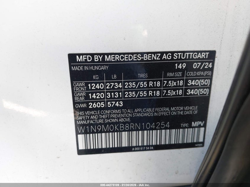 2024 Mercedes-benz Eqb VIN W1N9M0KB8RN104254 IAAI salvage auction — UNDERCARRIAGE, Salvage Title, sold $16,500 on 2026-07-20 (photo 9)