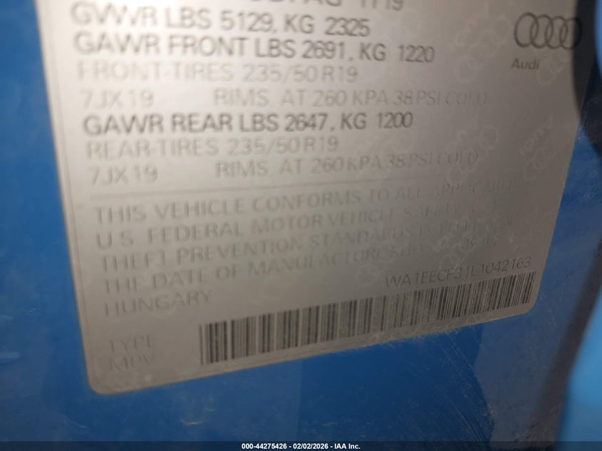 2020 Audi Q3 VIN WA1EECF31L1042163 IAAI salvage auction — RIGHT SIDE, Regular (Nevada), sold $8,550 on 2026-07-30 (photo 9)