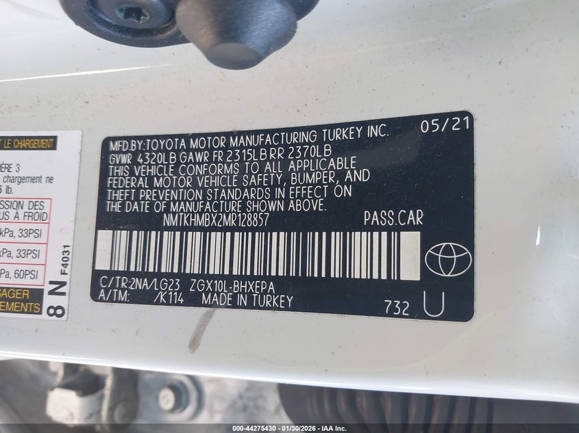 2021 Toyota C-hr VIN NMTKHMBX2MR128857 IAAI salvage auction — LEFT SIDE, Salvage (California), sold $7,450 on 2026-07-08 (photo 9)