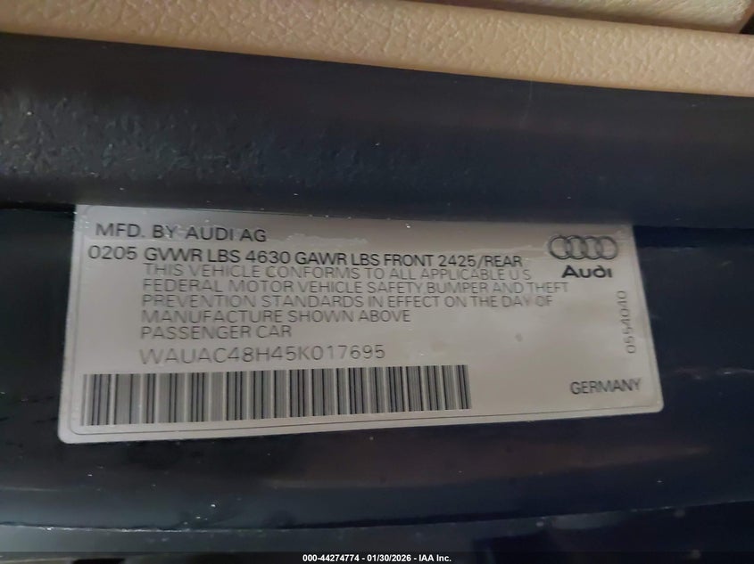 2005 Audi A4 VIN WAUAC48H45K017695 IAAI salvage auction — FRONT END, Salvage (Ohio), sold $300 on 2026-07-09 (photo 9)