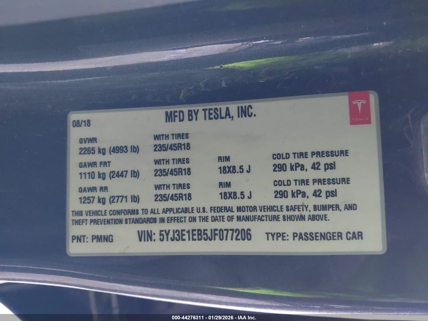 2018 Tesla Model 3 VIN 5YJ3E1EB5JF077206 IAAI salvage auction — FRAME DAMAGE, Salvage Title, sold $5,100 on 2026-07-28 (photo 9)