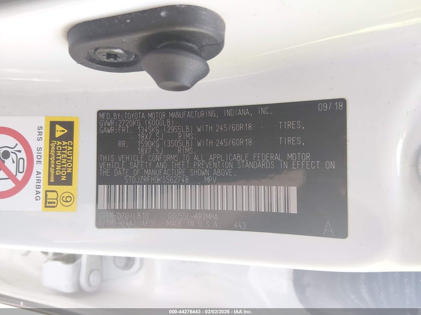 2019 Toyota Highlander VIN 5TDJZRFH9KS562748 IAAI salvage auction — FRONT END, Salvage (New Jersey), sold $11,550 on 2026-07-28 (photo 9)