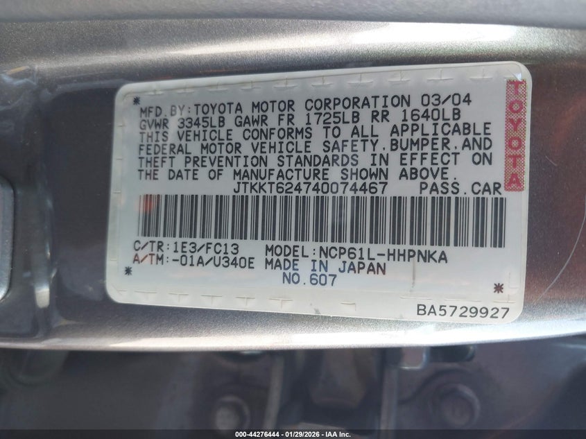 2004 Scion Xa VIN JTKKT624740074467 IAAI salvage auction — FRONT END, Salvage (California), sold $25 on 2026-09-29 (photo 9)