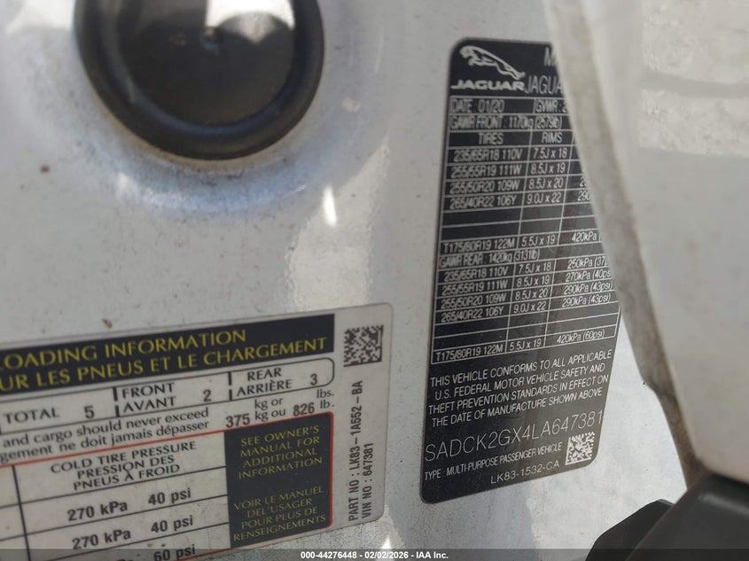 2020 Jaguar F-pace VIN SADCK2GX4LA647381 IAAI salvage auction — FRONT & REAR, Salvage Title, sold $5,700 on 2026-08-01 (photo 9)