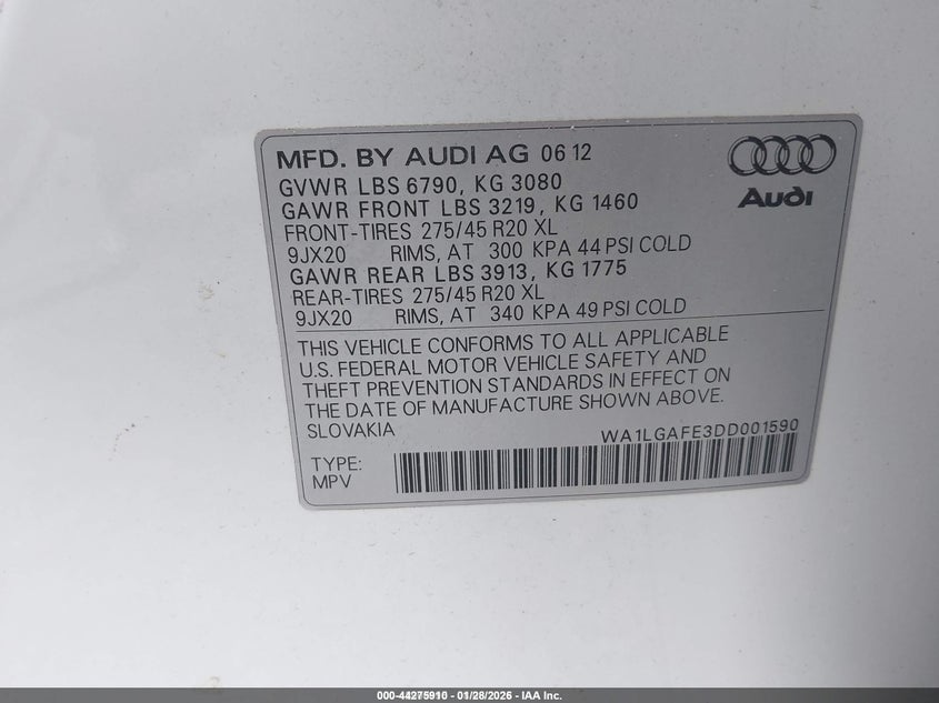 2013 Audi Q7 VIN WA1LGAFE3DD001590 IAAI salvage auction — ALL OVER, Salvage Title, sold $400 on 2026-07-20 (photo 9)